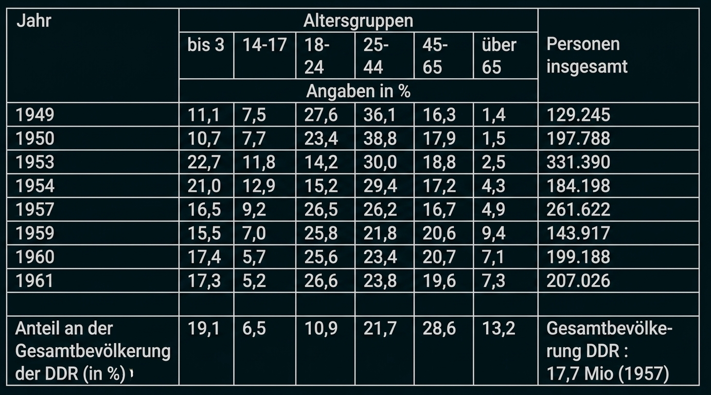 Tabelle mit prozentualen Altersgruppen und Gesamtpersonen pro Jahr in der DDR